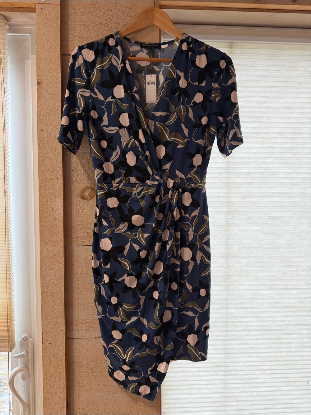 Banana Republic Navy Floral Faux-Wrap Dress with Blush and Olive Accents